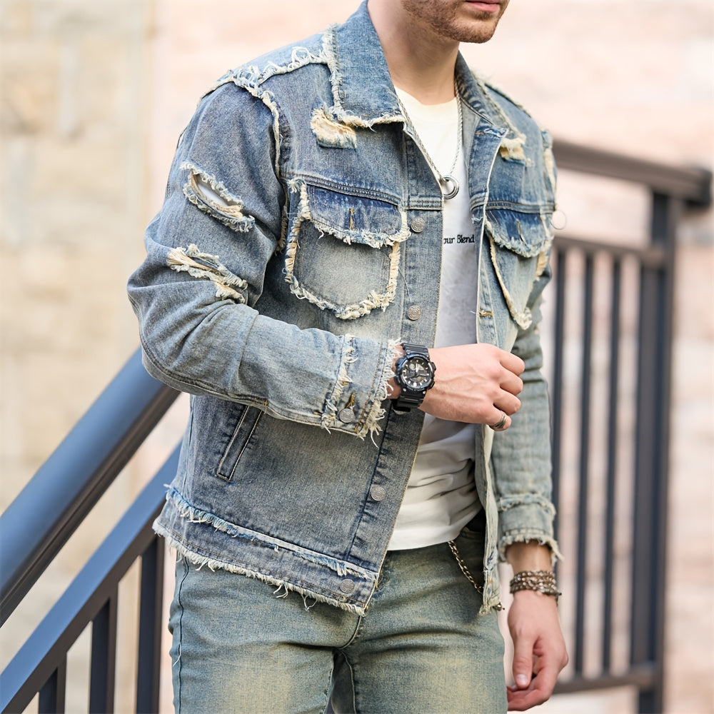 Veste En Jean Slim Vintage Manches Longues Avec Poches Lavable Machine