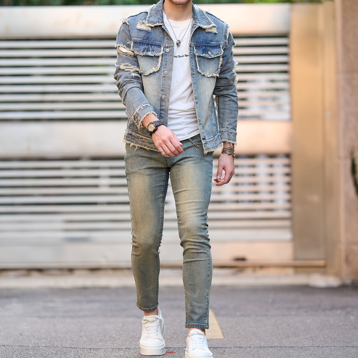 Veste En Jean Slim Vintage Manches Longues Avec Poches Lavable Machine