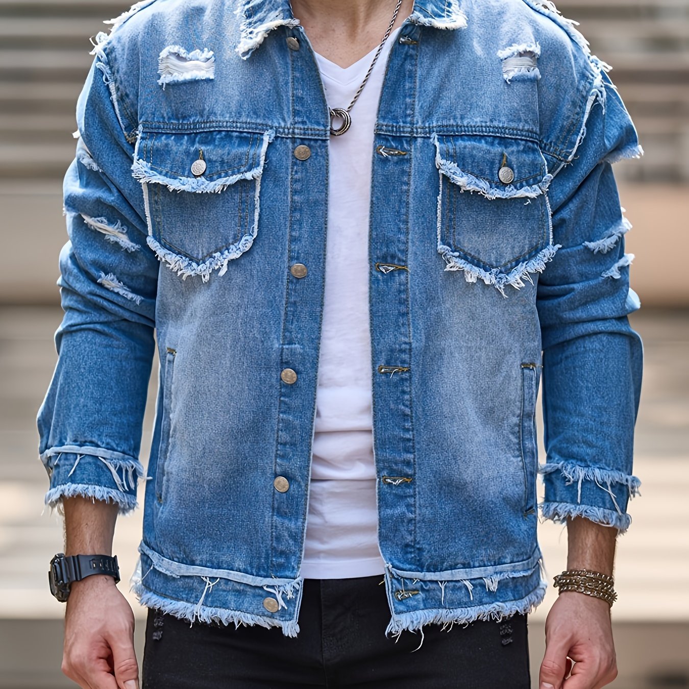 Veste En Jean Slim Vintage Manches Longues Avec Poches Lavable Machine