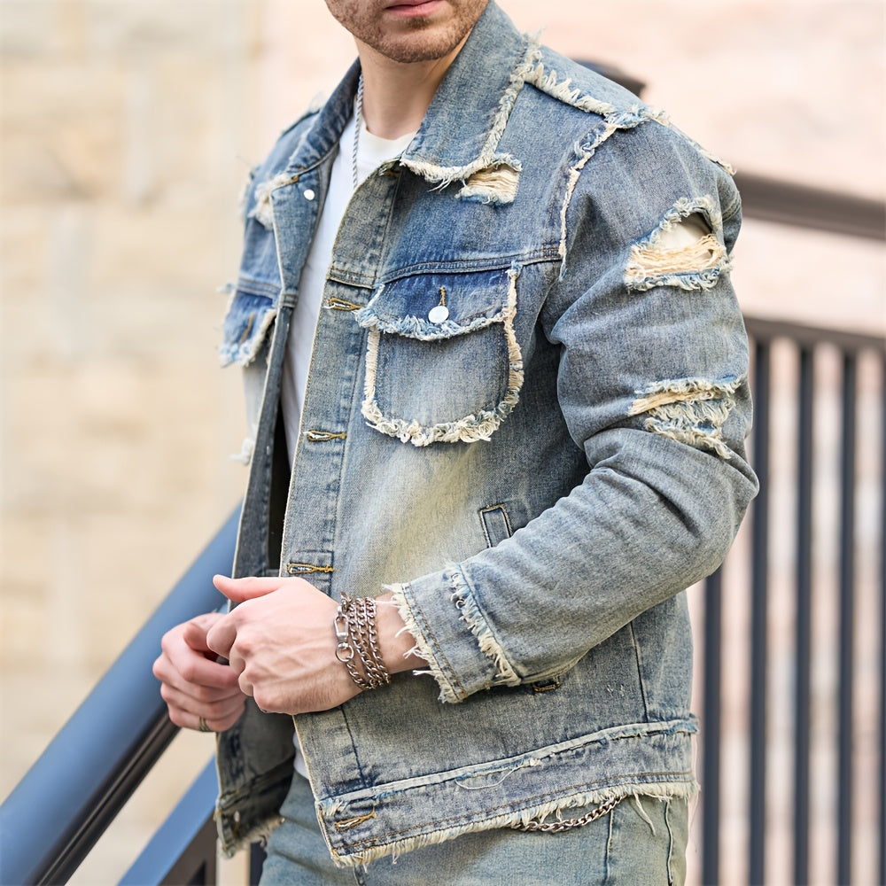 Veste En Jean Slim Vintage Manches Longues Avec Poches Lavable Machine