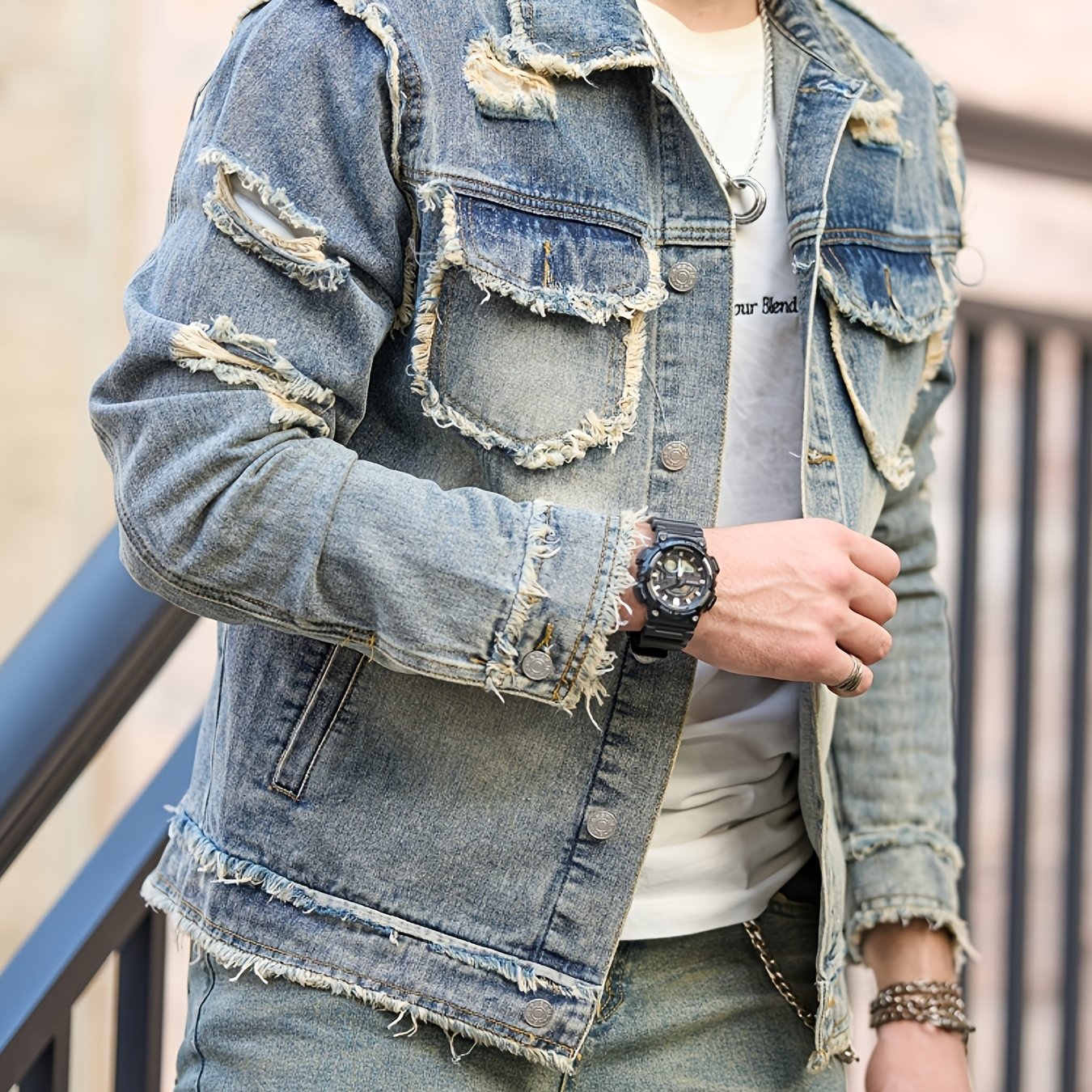 Veste En Jean Slim Vintage Manches Longues Avec Poches Lavable Machine