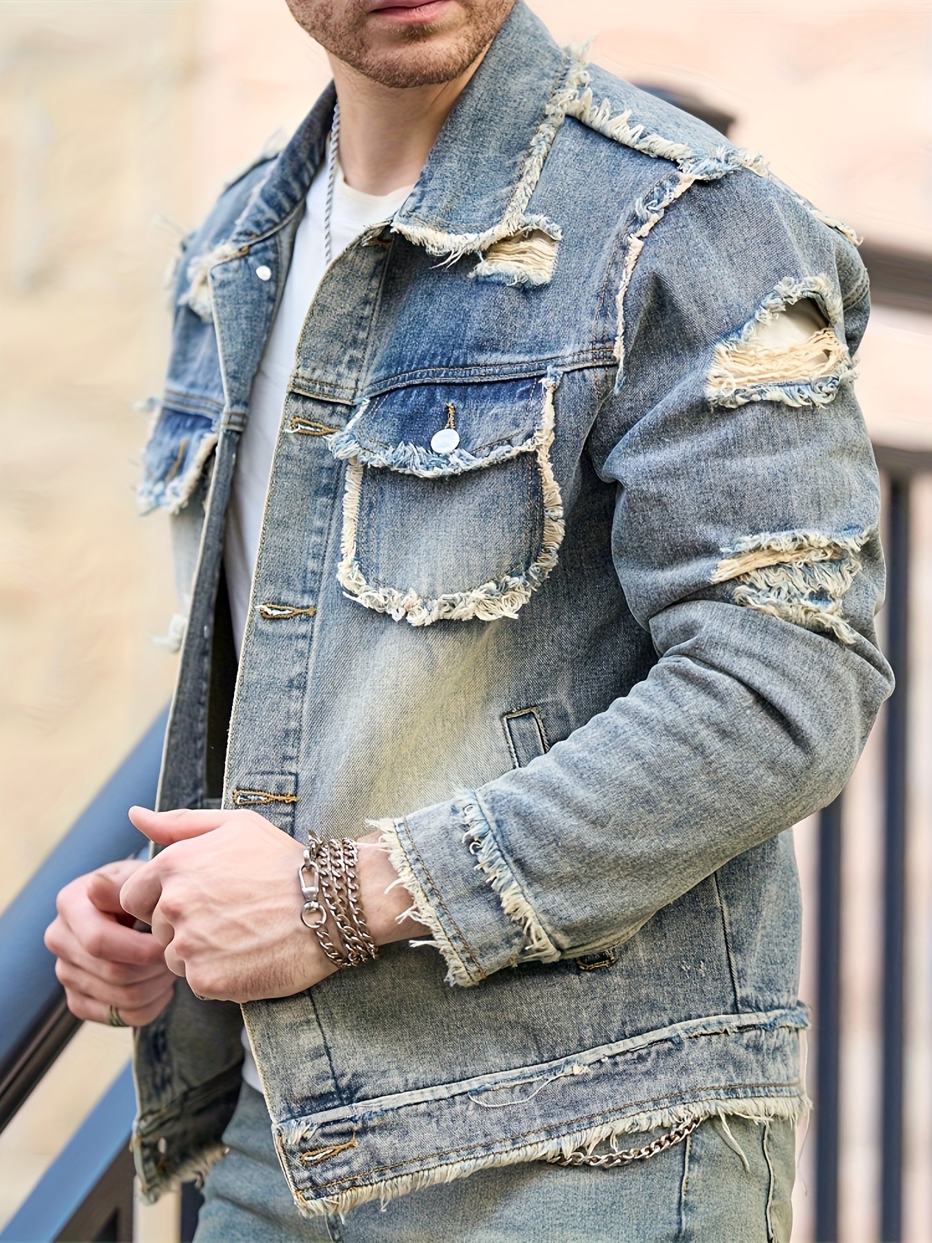 Veste En Jean Slim Vintage Manches Longues Avec Poches Lavable Machine