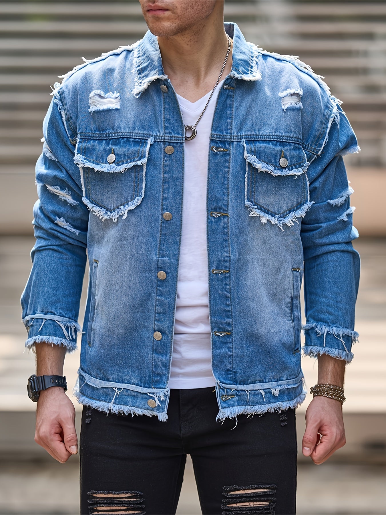 Veste En Jean Slim Vintage Manches Longues Avec Poches Lavable Machine