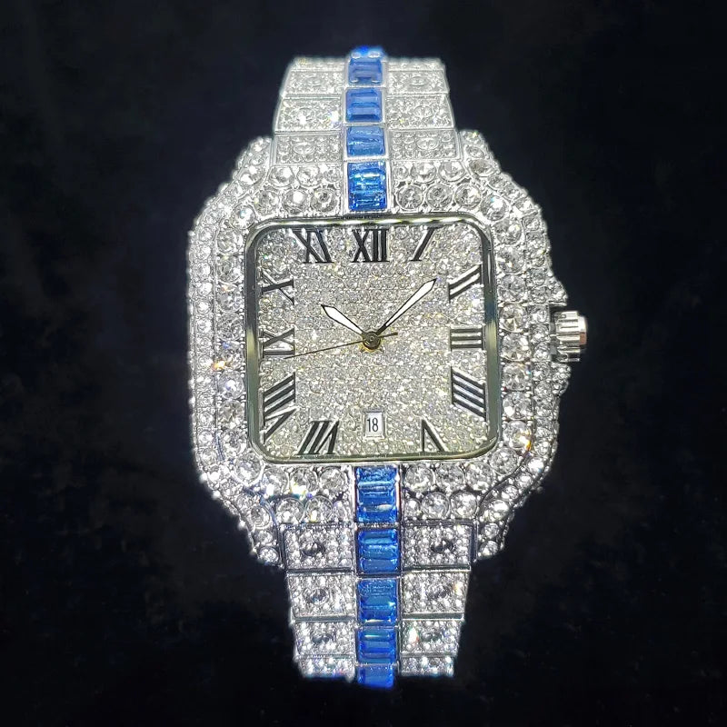 Montre Homme Luxe Diamant Iced Out Carrée Résistante à l'Eau