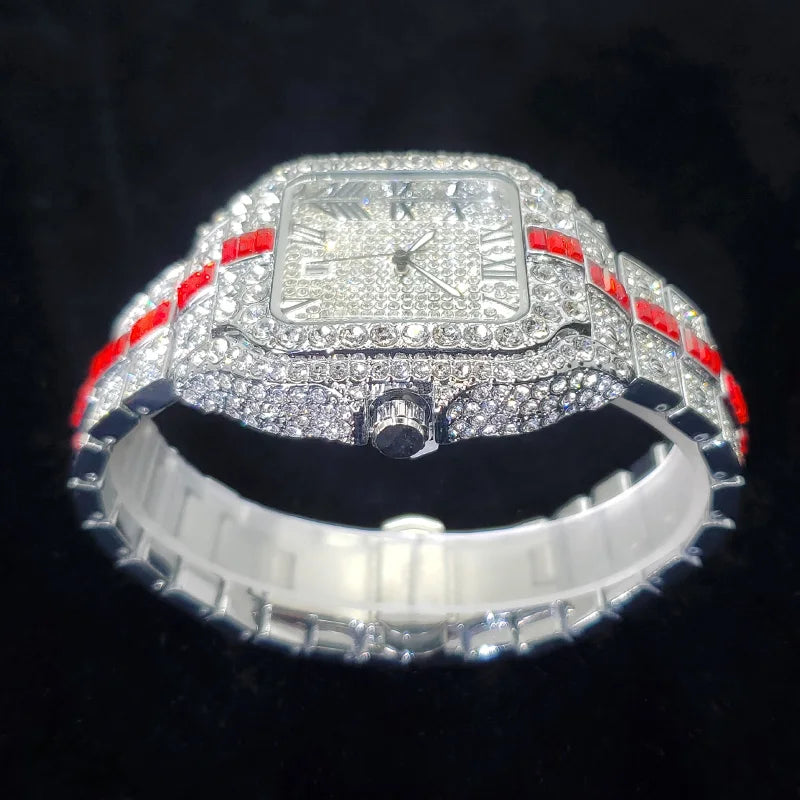 Montre Homme Luxe Diamant Iced Out Carrée Résistante à l'Eau