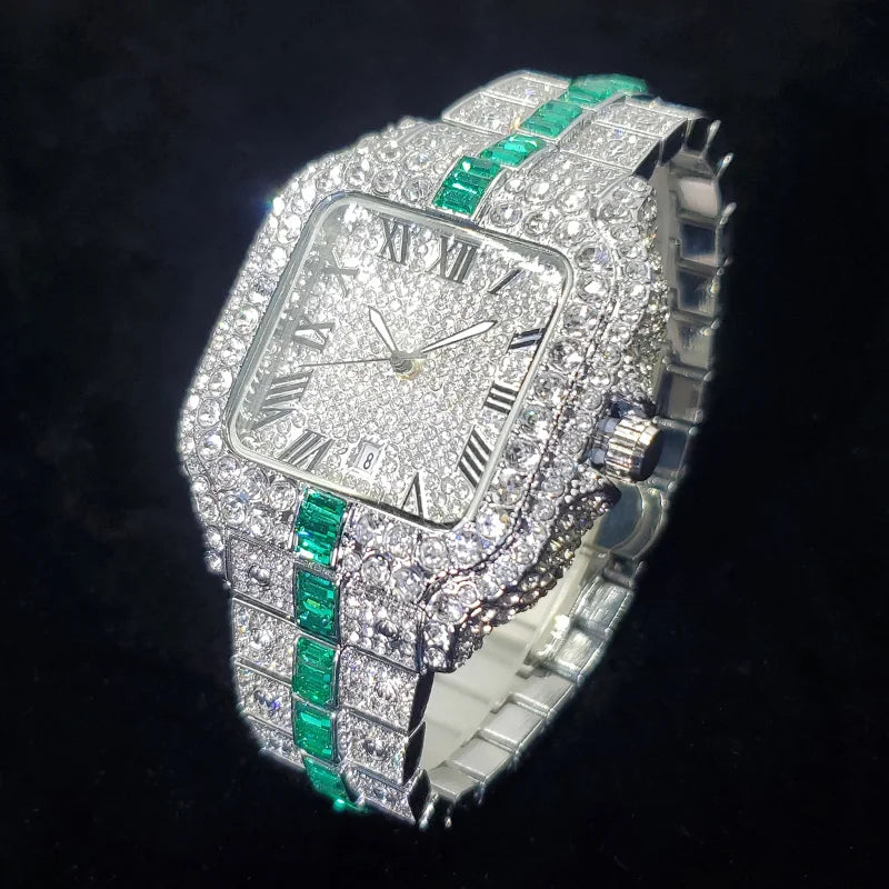 Montre Homme Luxe Diamant Iced Out Carrée Résistante à l'Eau