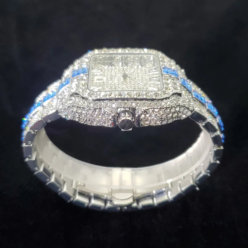 Montre Homme Luxe Diamant Iced Out Carrée Résistante à l'Eau