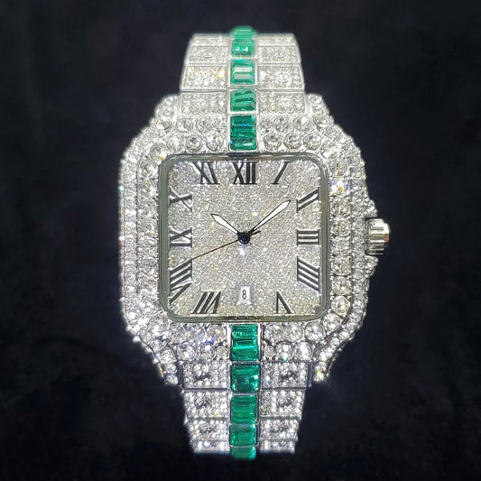 Montre Homme Luxe Diamant Iced Out Carrée Résistante à l'Eau