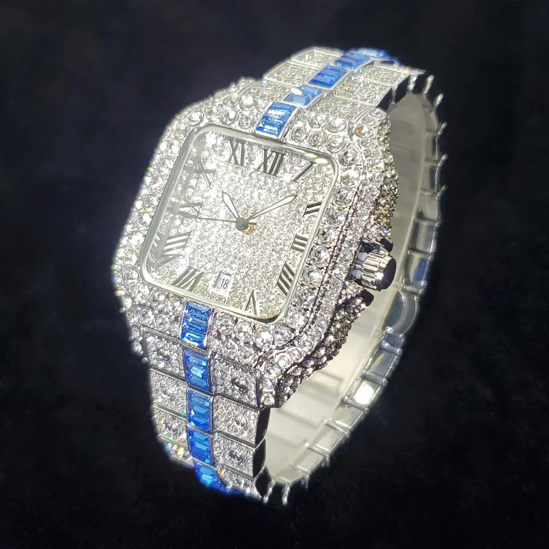 Montre Homme Luxe Diamant Iced Out Carrée Résistante à l'Eau