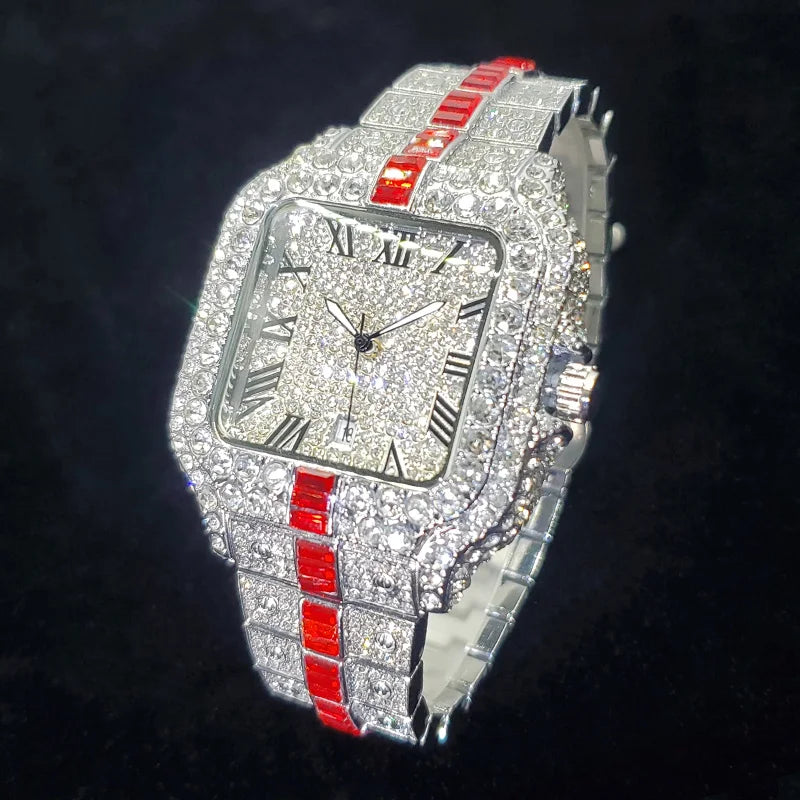 Montre Homme Luxe Diamant Iced Out Carrée Résistante à l'Eau