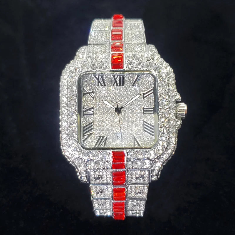Montre Homme Luxe Diamant Iced Out Carrée Résistante à l'Eau