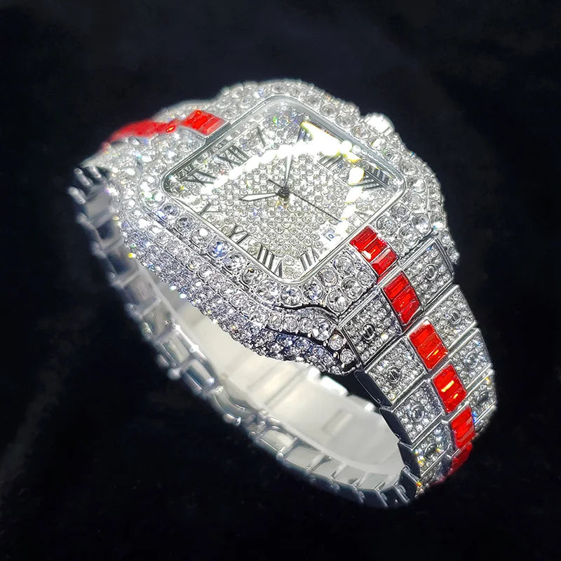 Montre Homme Luxe Diamant Iced Out Carrée Résistante à l'Eau