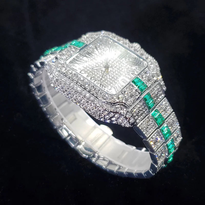 Montre Homme Luxe Diamant Iced Out Carrée Résistante à l'Eau