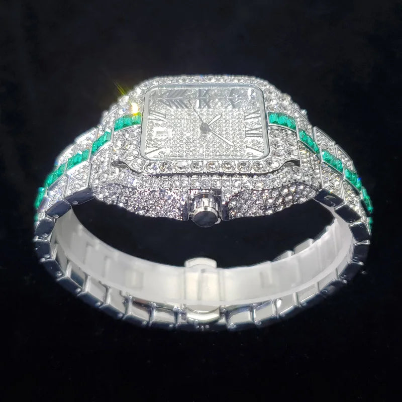 Montre Homme Luxe Diamant Iced Out Carrée Résistante à l'Eau