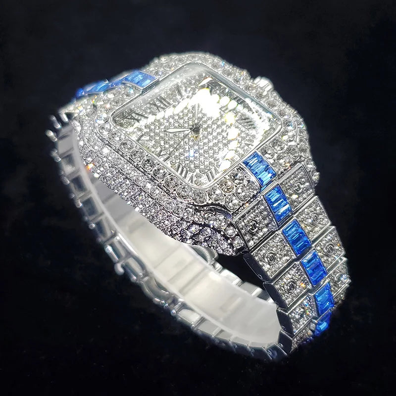Montre Homme Luxe Diamant Iced Out Carrée Résistante à l'Eau