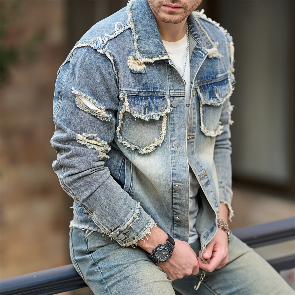 Veste En Jean Slim Vintage Manches Longues Avec Poches Lavable Machine